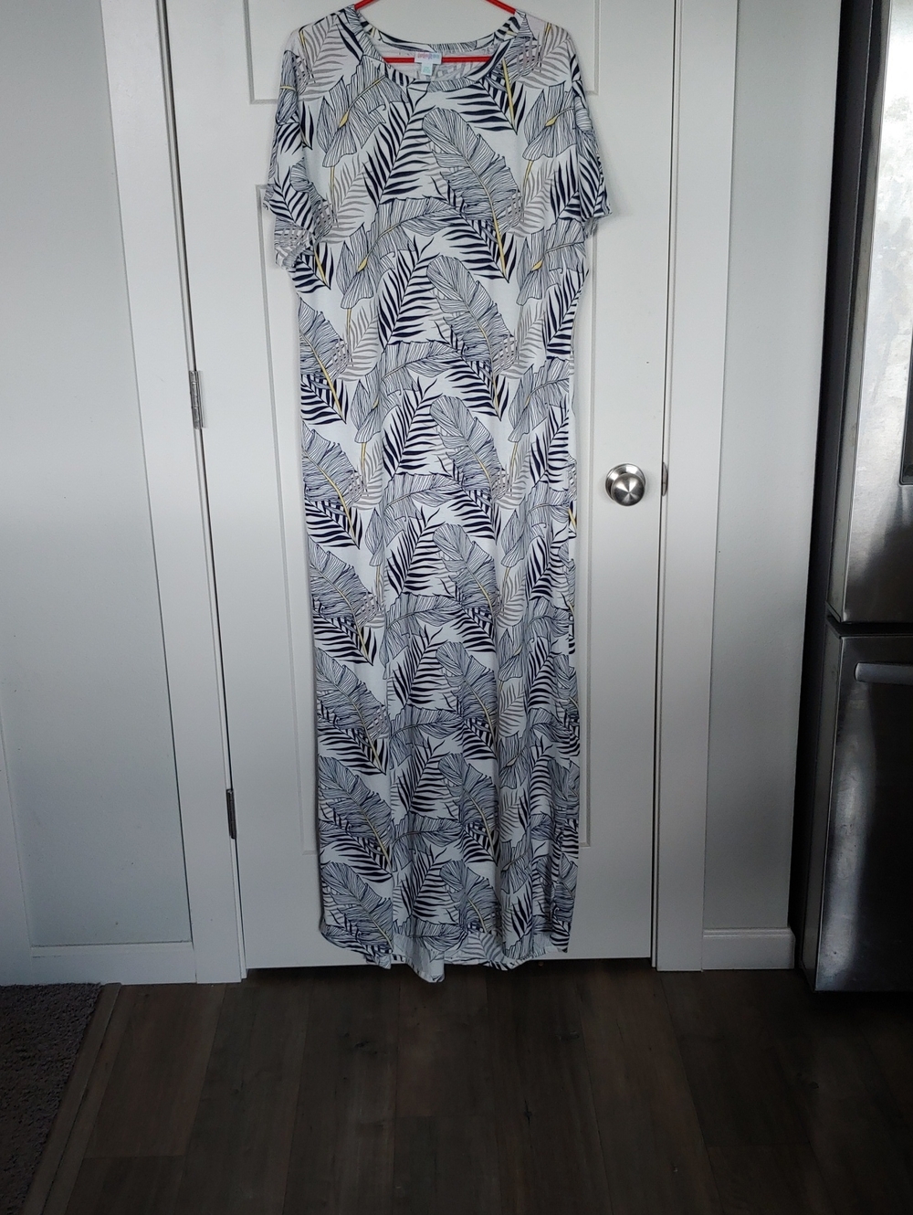LuLaRoe White Maxi Dress with Black and Gold Leaf Print